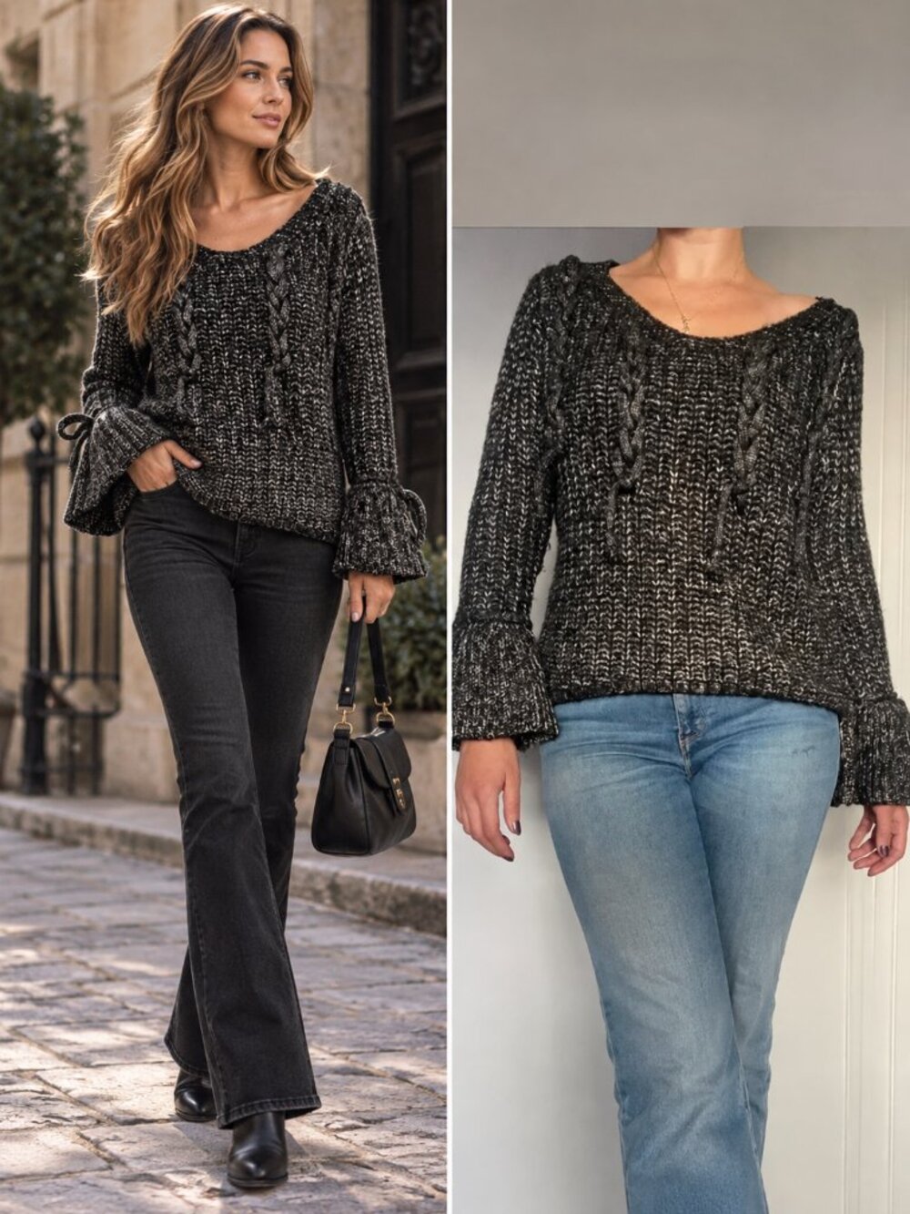 Red Queen Black Gray Marled Cable Knit Bell Sleeve Sweater Dark Academia M/L